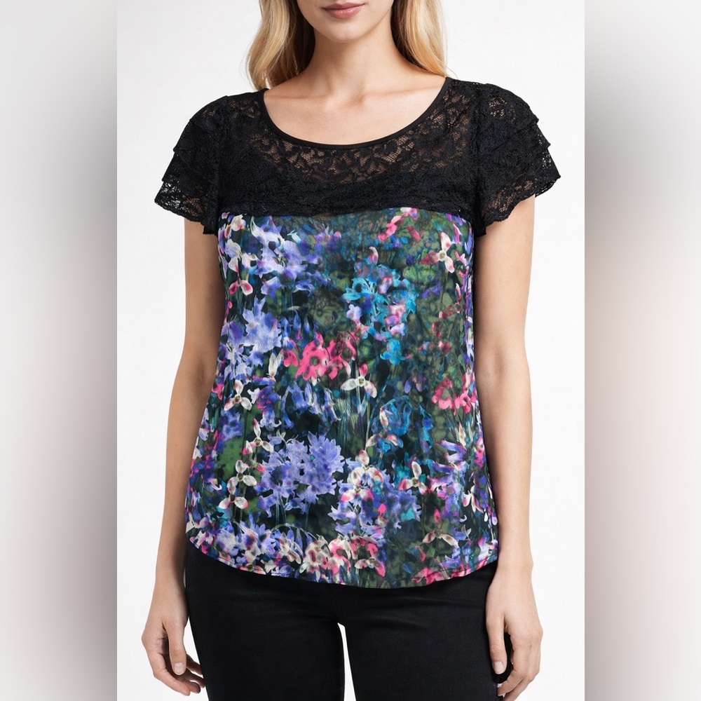 Express Floral Lace Yoke Blouse Black Multicolor Short Sleeve Medium